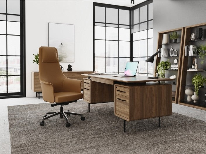 LINQ Office 6821 Executive Desk in home office with shelving, chair, and rug