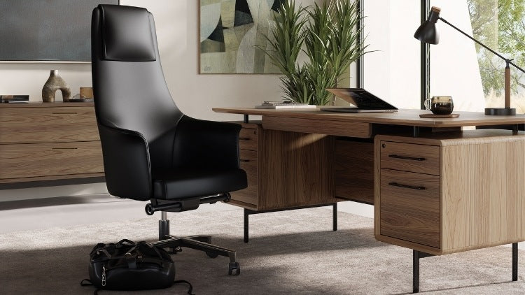 LINQ Office 6821 Executive Desk in home office with credenza, chair, and rug