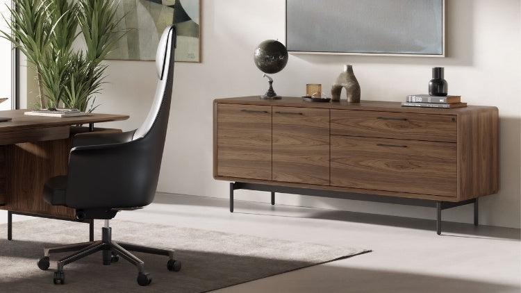 LINQ Office 6829 Credenza in home office with decor, rug, desk, and chair