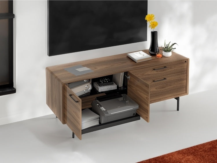 LINQ Office 6829 Credenza in home office with screen, cabinet open with printer and office supplies