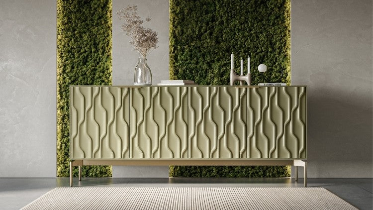 Mesa 7639 Credenza Moss Brass with natural plant wall, rug, and decor