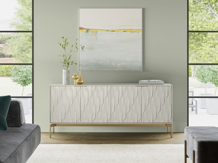 Mesa 7639 Credenza Stone Brass with decor, rug, and seating