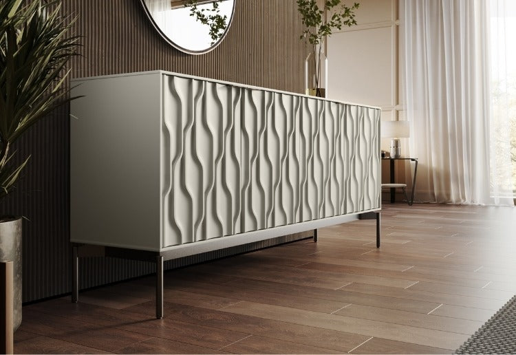 Mesa 7639 Credenza Stone Carbon side view with mirror, plants, and rug