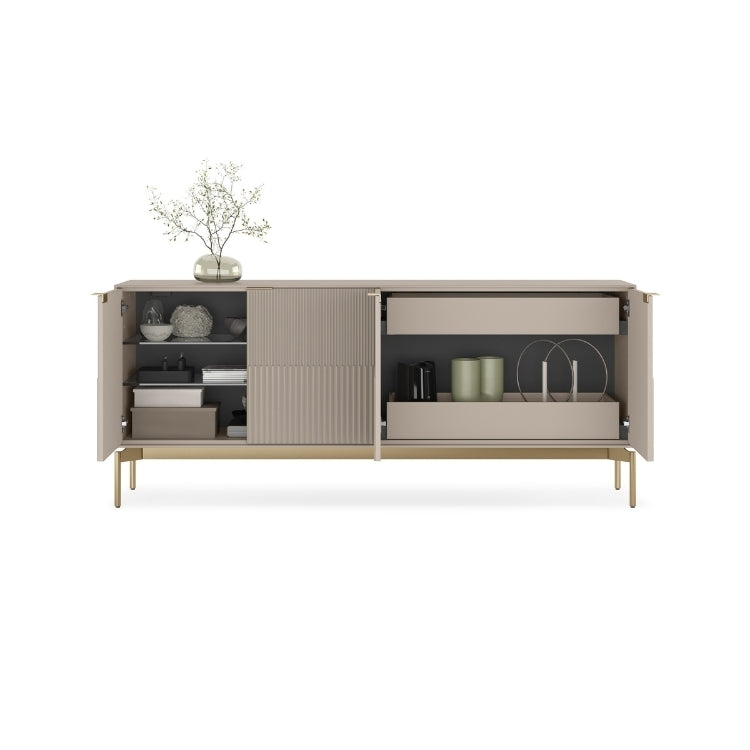 Modern sideboard with open and closed doors on a white background