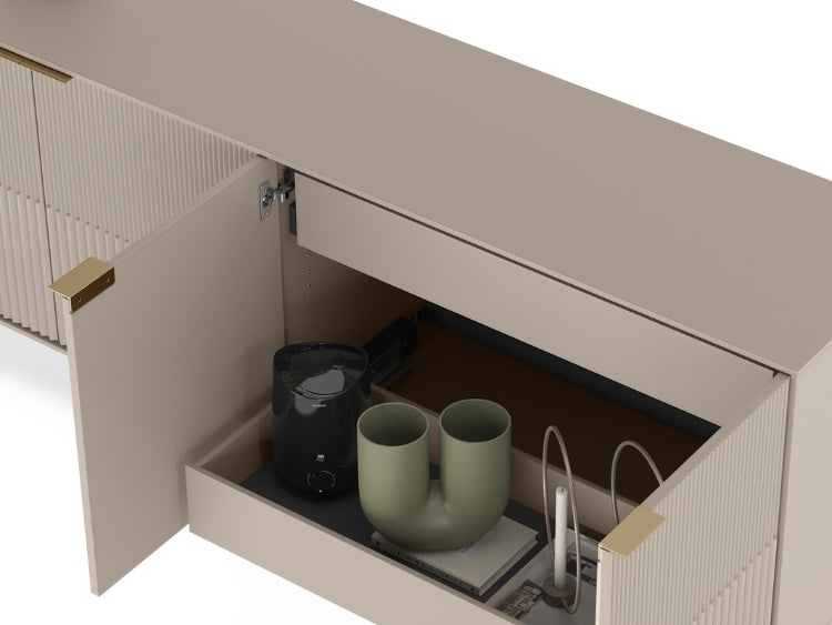 Open cabinet with kitchen items including a coffee maker and cups on a white background