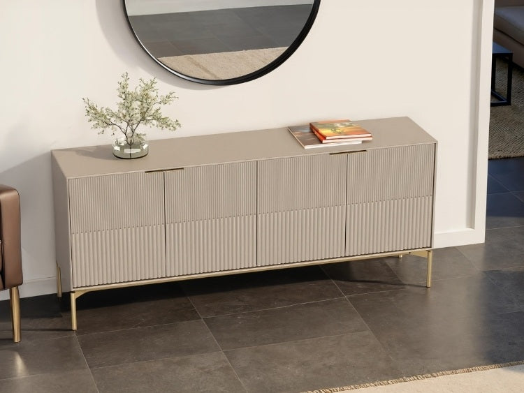 Beige sideboard with decorative items in a modern interior setting