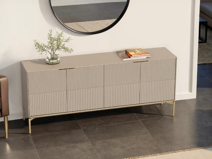 Beige sideboard with decorative items in a modern interior setting