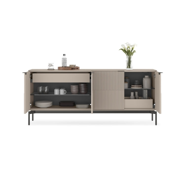 Modern sideboard with open and closed compartments on a white background