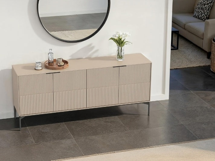 Beige sideboard with decorative items in a modern living room setting