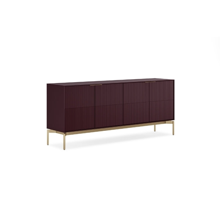 Dark wood sideboard with gold legs on a white background