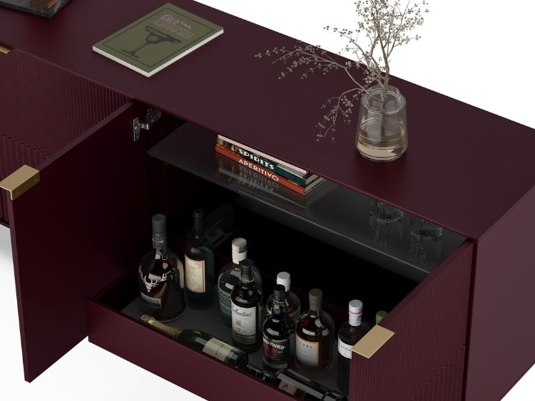 Maroon bar cabinet with open door revealing bottles and books on a white background