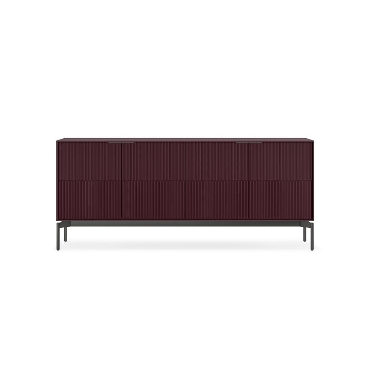 Dark brown sideboard with horizontal slats on a white background