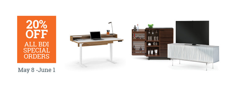 Furniture set with a TV and desk, featuring a 20% off BDI special orders offer.