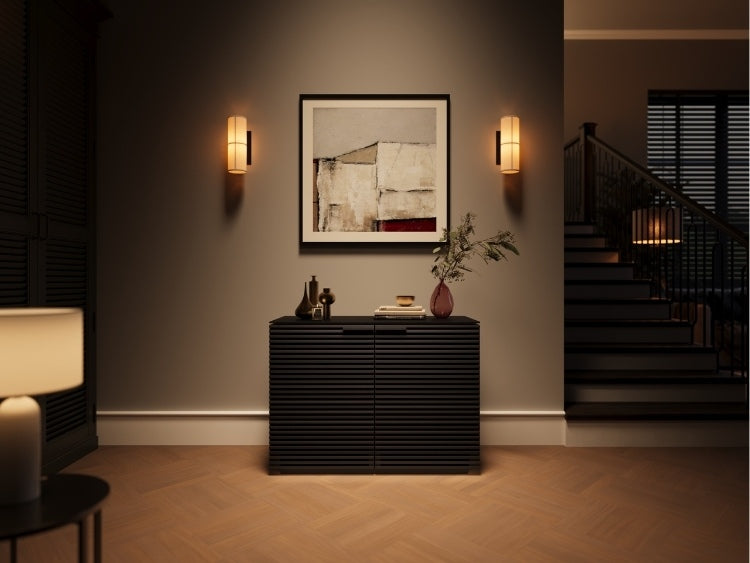 Corridor 8108 Storage Cabinet in Charcoal in entryway near stairs with decor