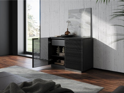 Corridor 8108 Storage Cabinet in Charcoal in living room with rug, cabinet open with decor on shelves