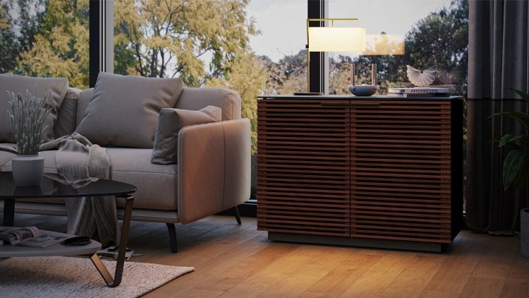 Corridor 8108 Storage Cabinet in Chocolate Walnut in living room with seating, coffee table, and decor