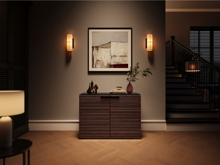 Corridor 8108 Storage Cabinet in Walnut near stairs with decor