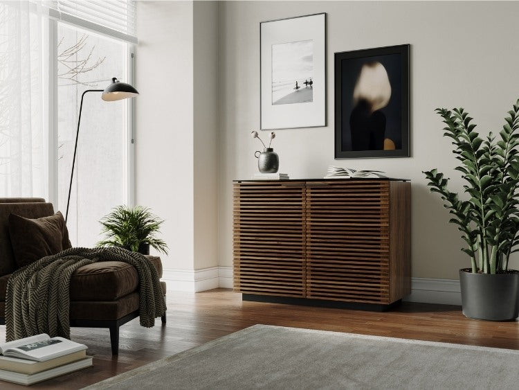 Corridor 8108 Storage Cabinet in Walnut in living room with seating and decor