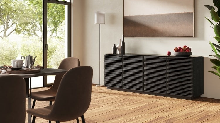 Corridor 8109 Storage Cabinet in Charcoal in dining room with table, chairs, and decor