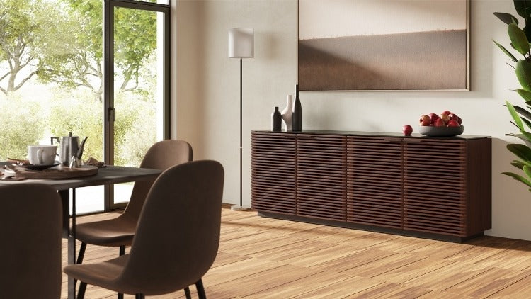 Corridor 8109 Storage Cabinet in Chocolate Walnut in dining room with table, chairs, and decor