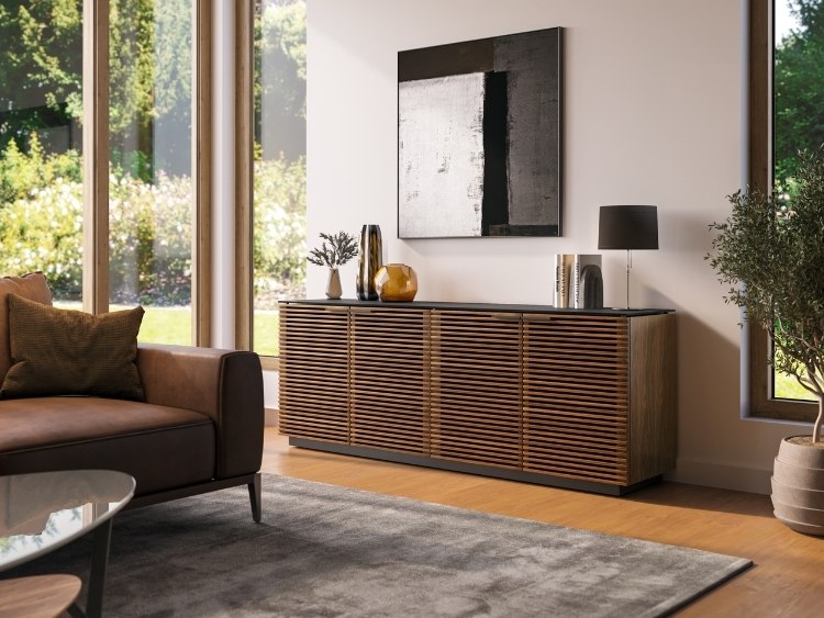 Corridor 8109 Storage Cabinet in Walnut in living room with seating and rug