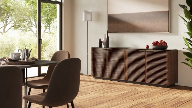 Corridor 8109 Storage Cabinet in Walnut in dining room with table, chairs, and decor