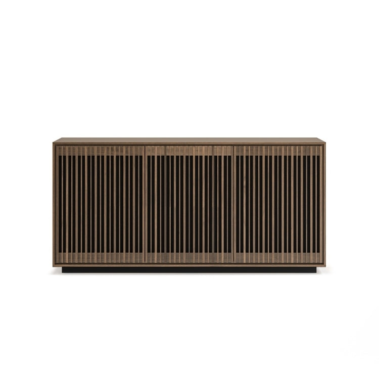 Wooden sideboard with slatted design on a white background