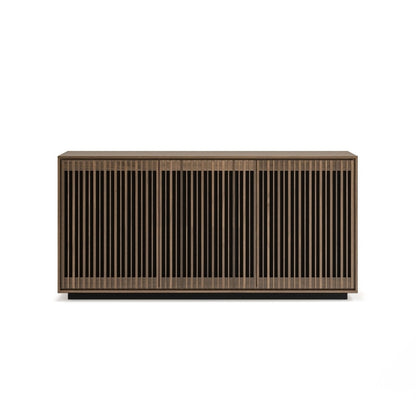 Wooden sideboard with slatted design on a white background