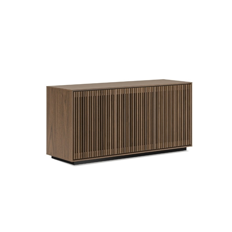 Wooden sideboard with slatted design on a white background