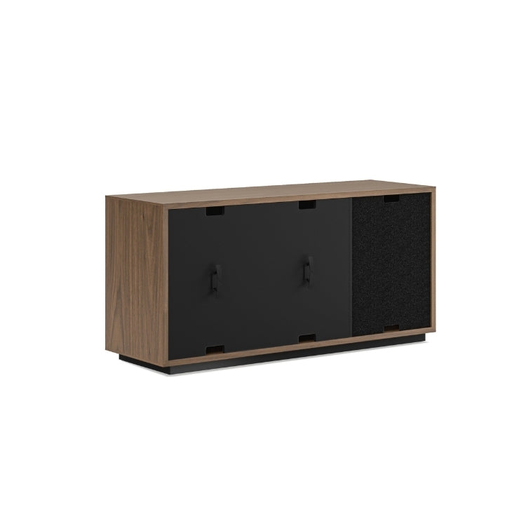 Wooden cabinet with black doors on a white background