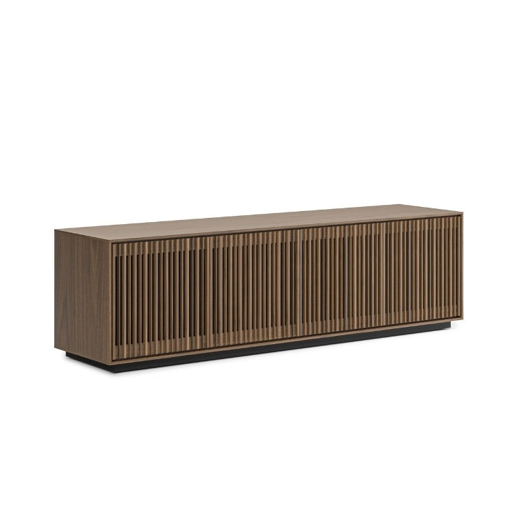 Wooden sideboard with slatted design on a white background
