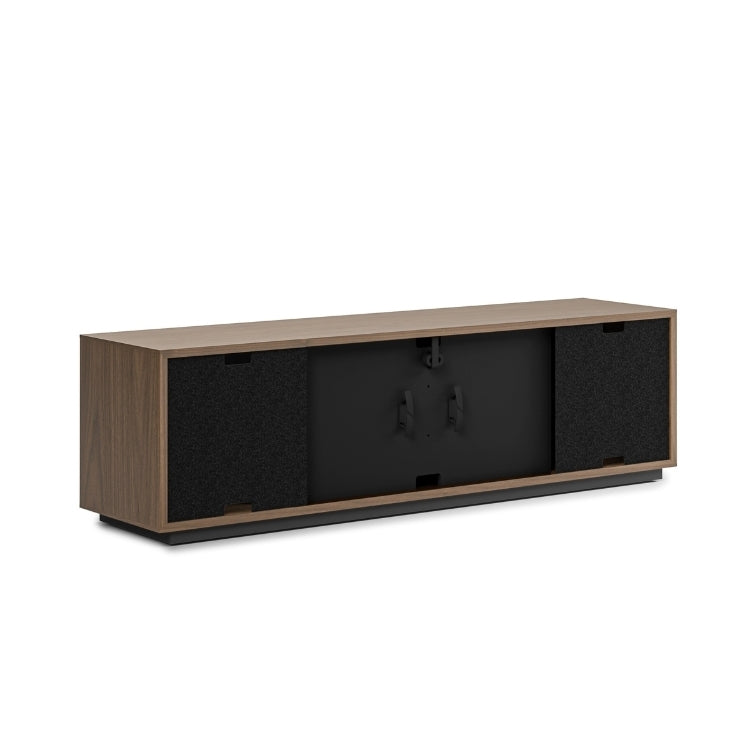 Wooden TV stand with black panels on a white background