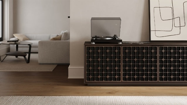 Elements 8703 Media and Storage Cabinet in Constellation Toasted Oak in hallway with record player and decor