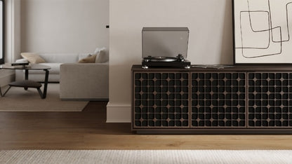 Elements 8703 Media and Storage Cabinet in Constellation Toasted Oak in hallway with record player and decor