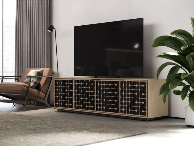 Elements 8703 Media and Storage Cabinet in Constellation Washed Oak in entertainment room with television, seating, and rug
