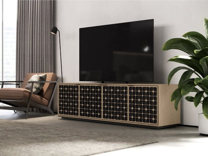 Elements 8703 Media and Storage Cabinet in Constellation Washed Oak in entertainment room with television, seating, and rug