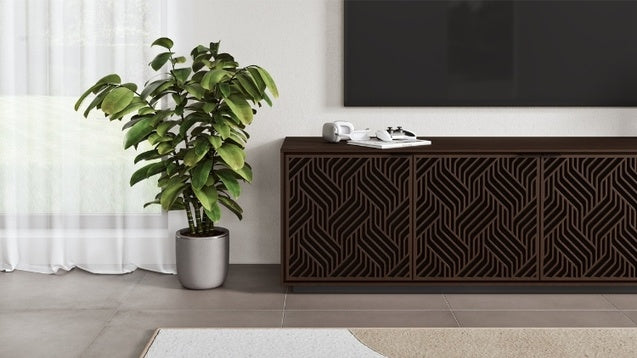 Elements 8703 Media and Storage Cabinet in Weave Toasted Oak in entertainment room with television, accessories, and plant