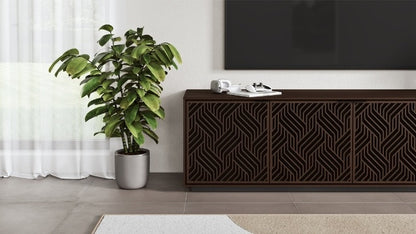 Elements 8703 Media and Storage Cabinet in Weave Toasted Oak in entertainment room with television, accessories, and plant