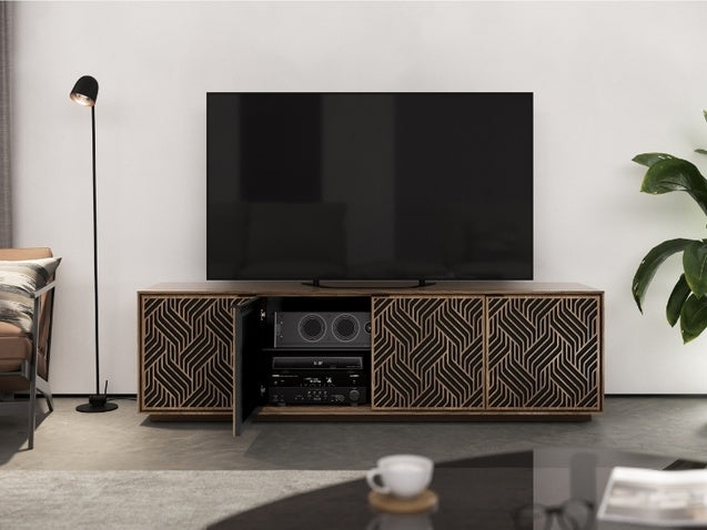 Elements 8703 Media and Storage Cabinet in Weave Walnut in entertainment room with television, lamp, and rug, with front door open showcasing electronics storage