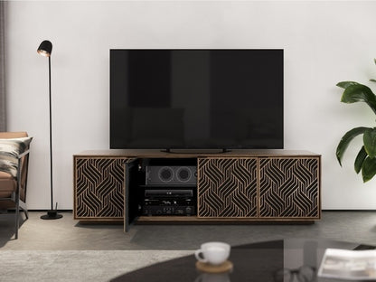 Elements 8703 Media and Storage Cabinet in Weave Walnut in entertainment room with television, lamp, and rug, with front door open showcasing electronics storage