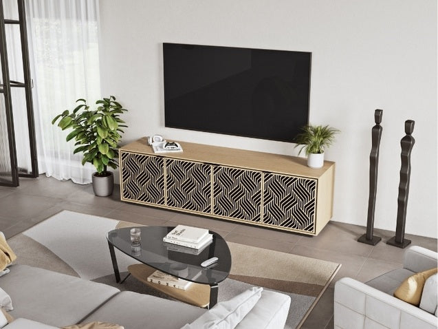 Elements 8703 Media and Storage Cabinet in Weave Washed Oak in entertainment room with television, Dino coffee table, and seating