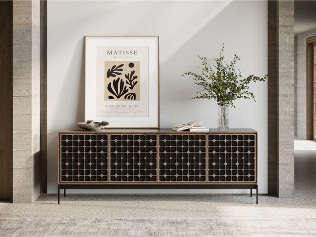 Elements 8709 Media and Storage Console in Constellation Walnut with in room with decor