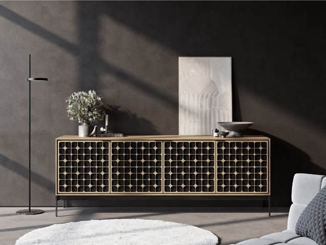 Elements 8709 Media and Storage Console in Constellation Washed Oak in living room with decor and lamp