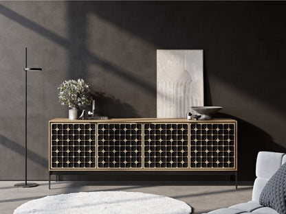 Elements 8709 Media and Storage Console in Constellation Washed Oak in living room with decor and lamp