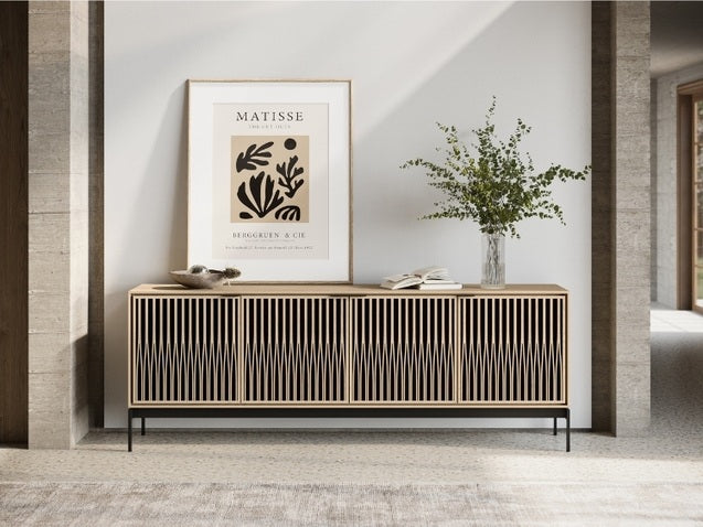 Elements 8709 Media and Storage Console in Tune Washed Oak in home with decor
