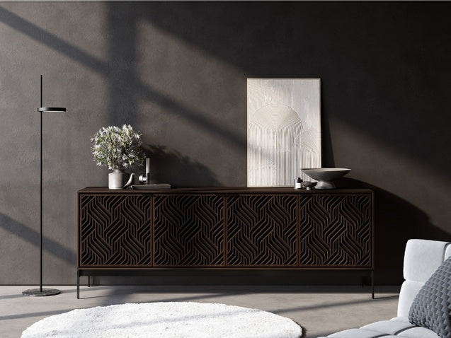 Elements 8709 Media and Storage Console in Weave Toasted Oak in living room with rug and decor