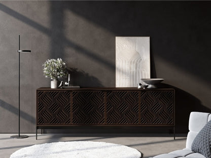 Elements 8709 Media and Storage Console in Weave Toasted Oak in living room with rug and decor