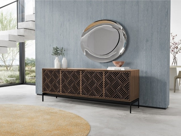 Elements 8709 Media and Storage Console in Weave Walnut in room with rug and decor