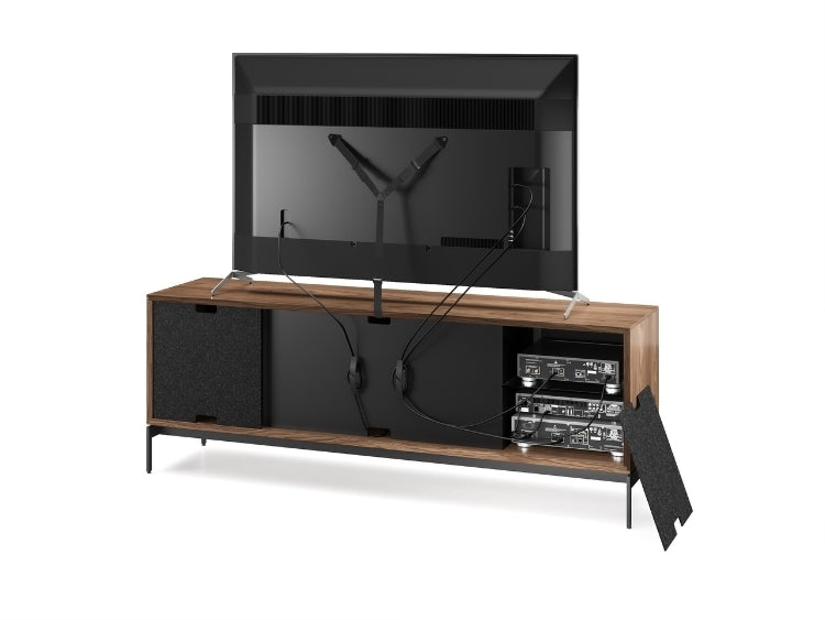 Elements 8709 Media and Storage Console in Weave Walnut back view with panel removed