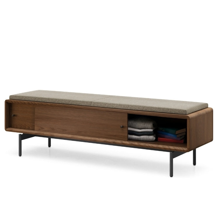 LINQ Bench in mocha with pecan cover angle view with door open